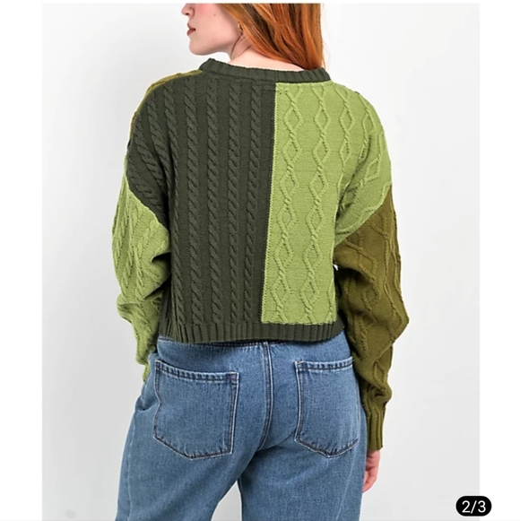 Empyre Green Crew Neck Sweater with Geometric Cable Knit Sz S - Picture 5 of 12